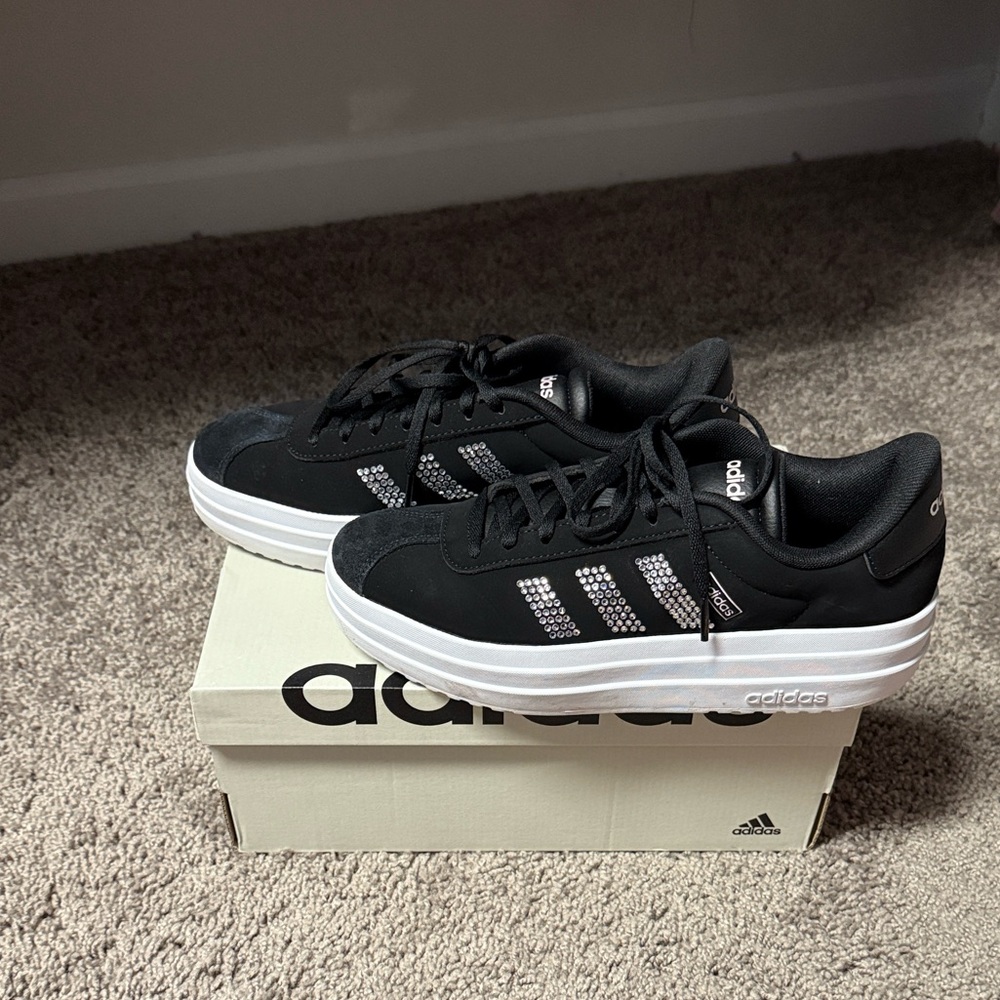 Adidas VL Court Black and White Sneakers with Rhinestone Detail
